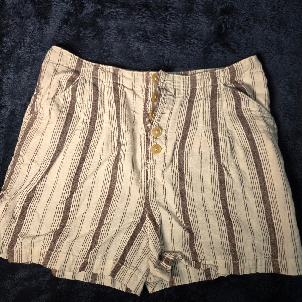Anthropologie Linen Blend Striped High Rise Button Fly Shorts Brown Cream 6